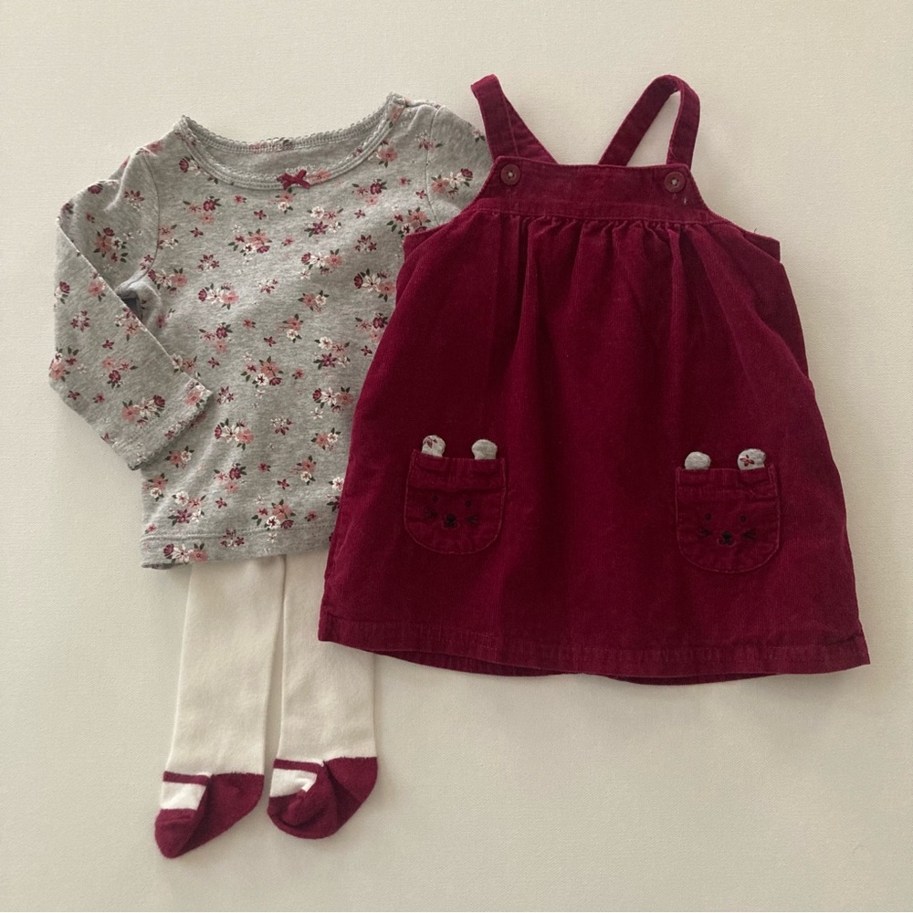 Carter’s 12 Months Baby Girl Corduroy Dress Floral Top Tights Set Outfit